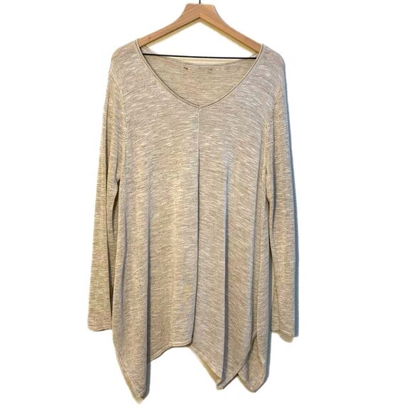 Linen Blend Tunic Top Women’s XL Tan V-Neck Long Sleeve Shark Bite 47% Linen. - Picture 1 of 11